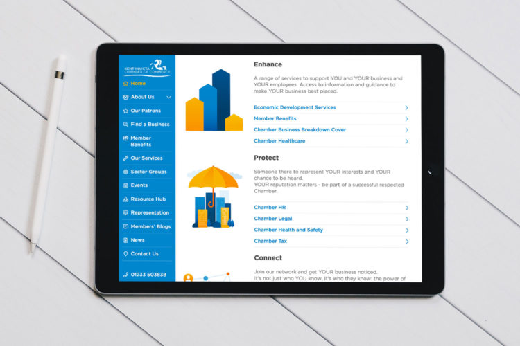 Custom WordPress and WooCommerce eCommerce website for Kent Invicta Chamber of Commerce shown on an iPad by Supersonic Playground