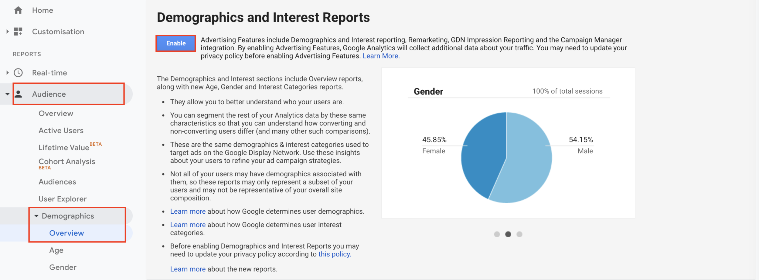Report enable. Demographic data. Google data Analytics. Demographics in Report. Cohort Analysis Google Analytics.