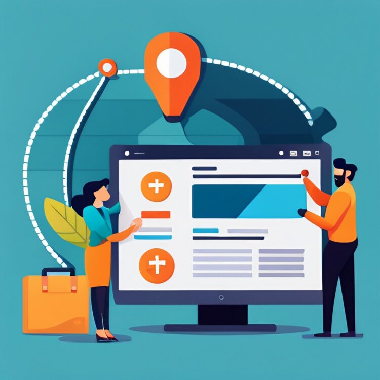 A professional illustration of two people fixing a website.