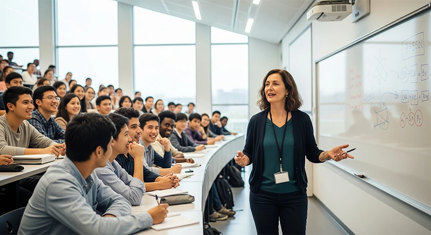 A teacher in a university lecture hall teaching students.
