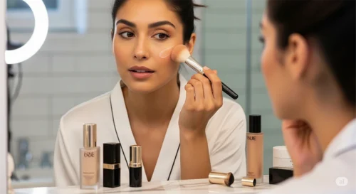 A woman applying make up to her face.