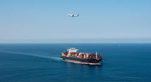 An image shows a cargo ship and a plane transporting goods across the sea.