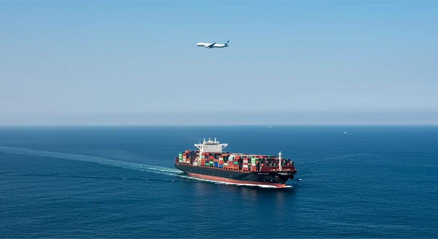 An image shows a cargo ship and a plane transporting goods across the sea.